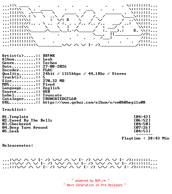 NFO for the release BRiNK-Leak-TRUNCATEDGTL60-24BIT-WEB-FLAC-2026-WAVED by WAVED