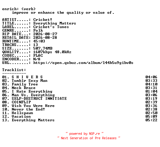 NFO for the release Cricket-Everything_Matters-24BIT-WEB-FLAC-2026-ENRiCH by ENRiCH