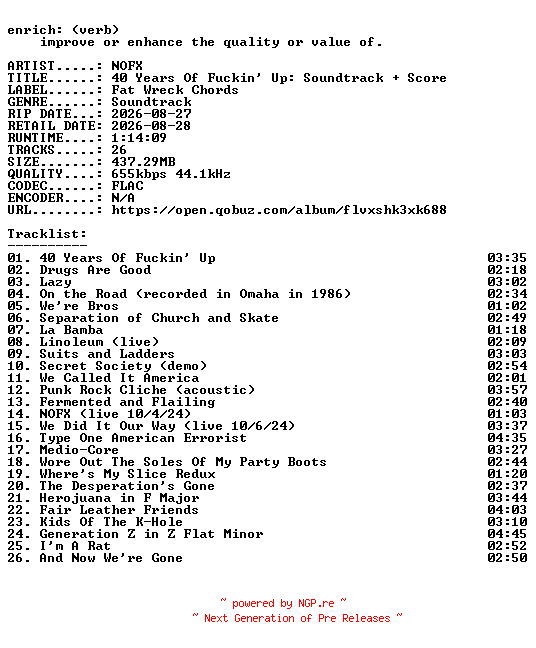 NFO for the release NOFX-40_Years_Of_Fuckin_Up_Soundtrack__Score-OST-16BIT-WEB-FLAC-2026-ENRiCH by ENRiCH