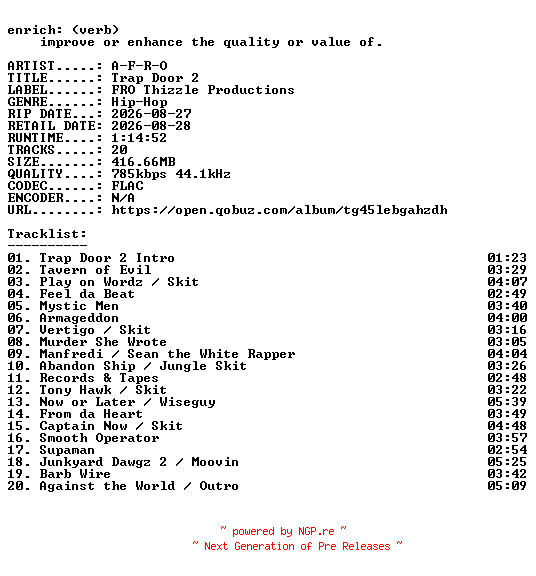 NFO for the release A-F-R-O-Trap_Door_2-16BIT-WEB-FLAC-2026-ENRiCH by ENRiCH