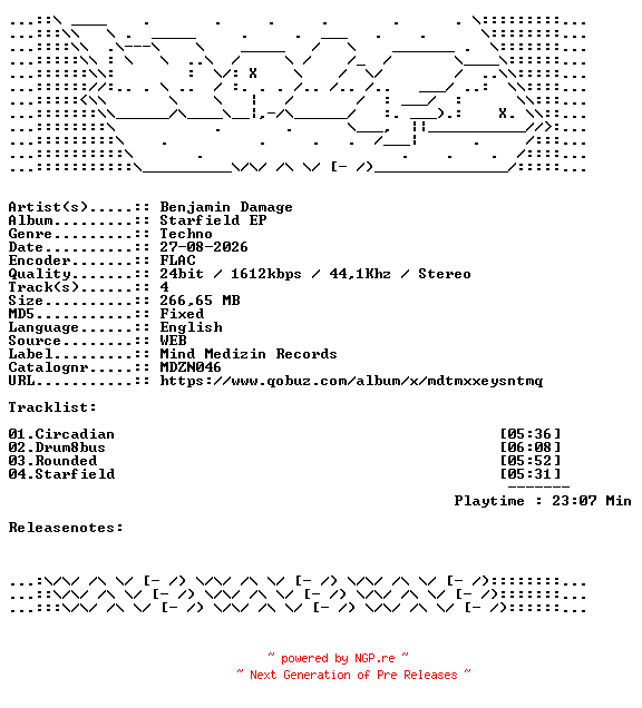 NFO for the release Benjamin_Damage-Starfield_EP-MDZN046-24BIT-WEB-FLAC-2026-WAVED by WAVED