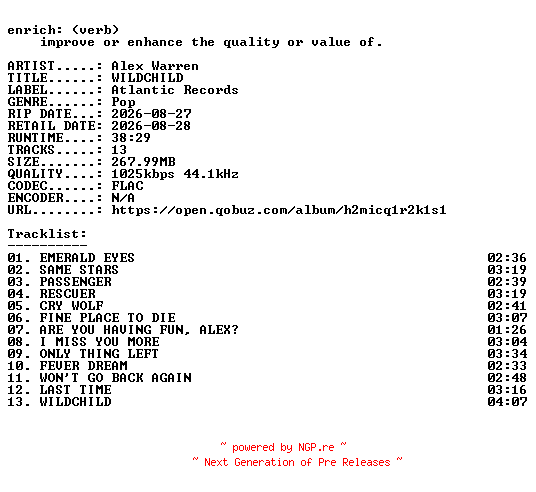 NFO for the release Alex_Warren-WILDCHILD-16BIT-WEB-FLAC-2026-ENRiCH by ENRiCH
