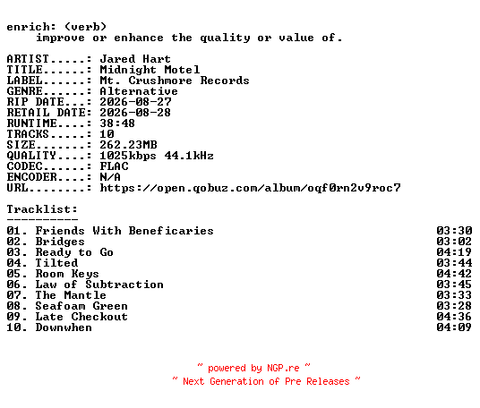NFO for the release Jared_Hart-Midnight_Motel-16BIT-WEB-FLAC-2026-ENRiCH by ENRiCH