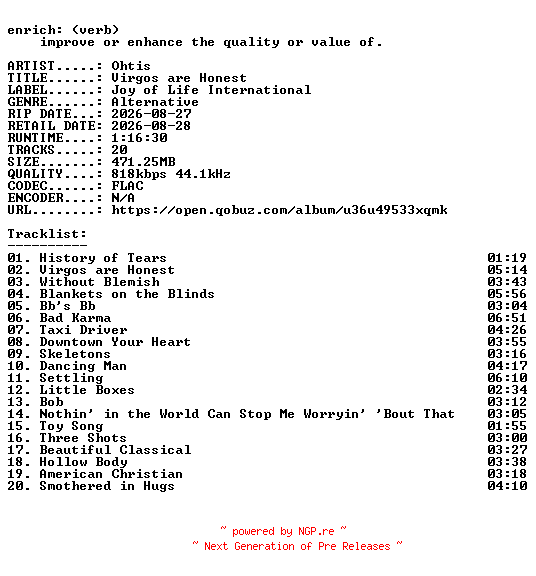 NFO for the release Ohtis-Virgos_are_Honest-16BIT-WEB-FLAC-2026-ENRiCH by ENRiCH