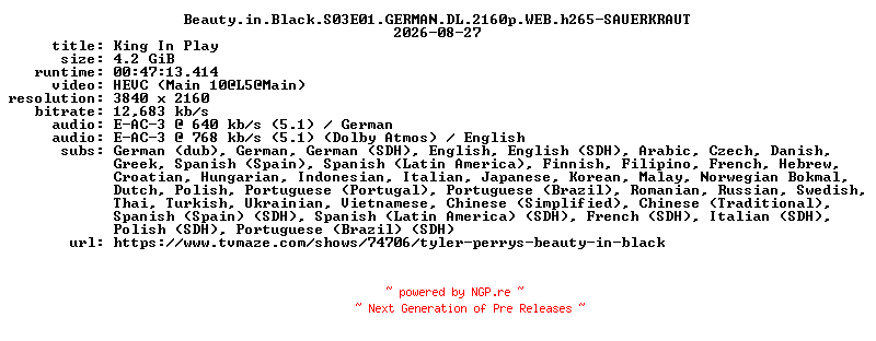 NFO for the release Beauty.in.Black.S03E01.GERMAN.DL.2160p.WEB.h265-SAUERKRAUT by SAUERKRAUT