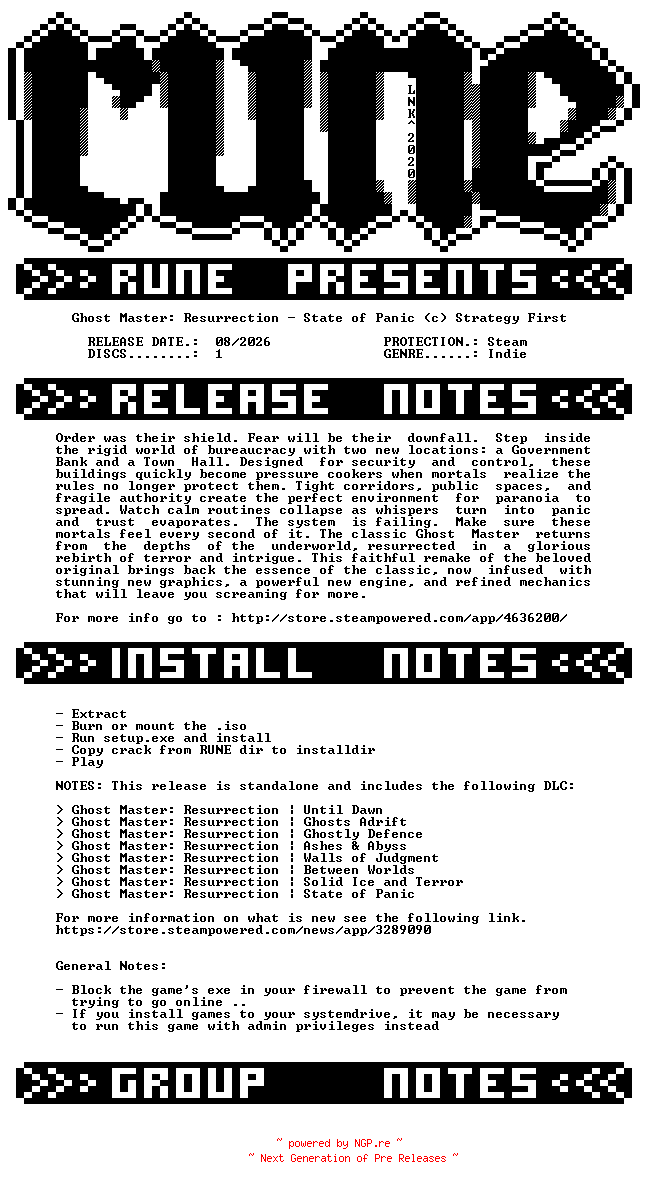 NFO for the release Ghost.Master.Resurrection.State.of.Panic-RUNE by RUNE