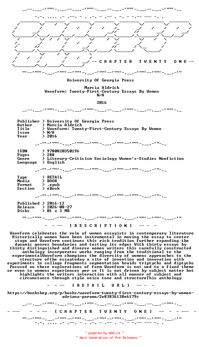 NFO for the release Marcia.Aldrich.-.Waveform.Twenty-First-Century.Essays.By.Women.2016.RETAIL.EPUB.eBook-CTO by CTO