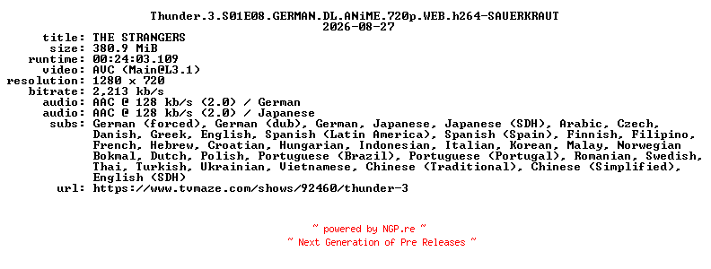 NFO for the release Thunder.3.S01E08.GERMAN.DL.ANiME.720p.WEB.h264-SAUERKRAUT by SAUERKRAUT