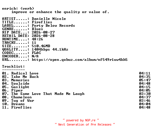 NFO for the release Danielle_Nicole-Fireflies-24BIT-WEB-FLAC-2026-ENRiCH by ENRiCH
