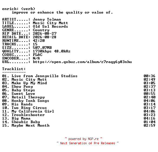 NFO for the release Jenny_Tolman-Music_City_Mutt-24BIT-WEB-FLAC-2026-ENRiCH by ENRiCH