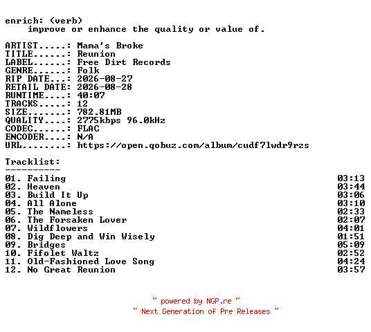 NFO for the release Mamas_Broke-Reunion-24BIT-WEB-FLAC-2026-ENRiCH by ENRiCH