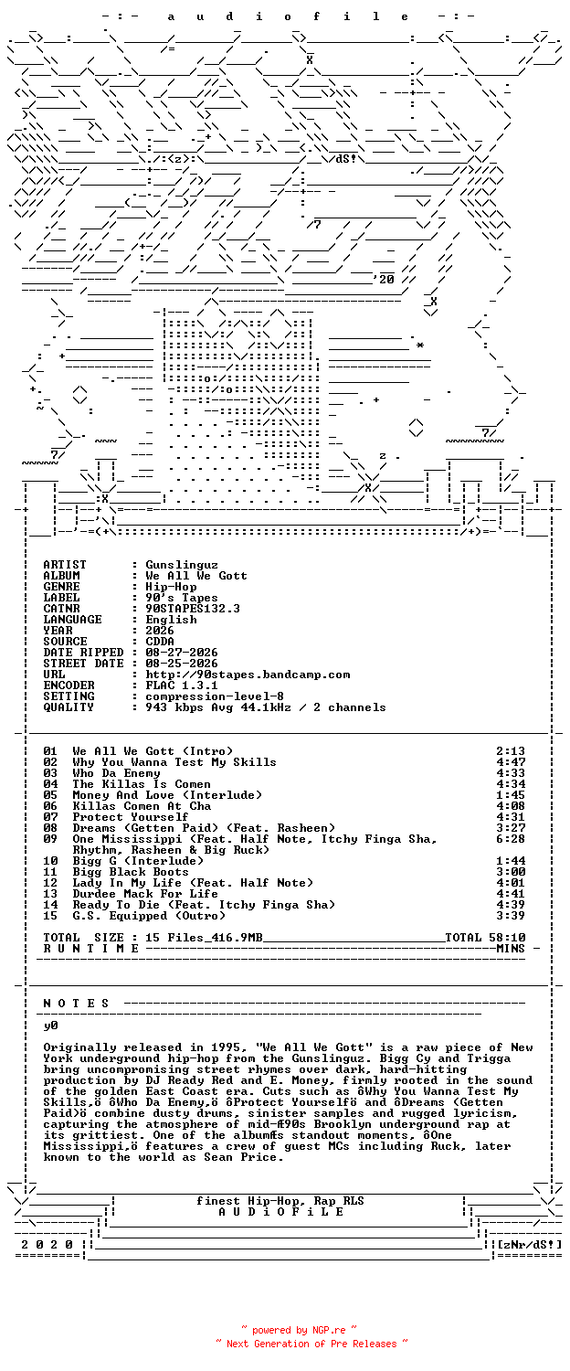 NFO for the release Gunslinguz-We_All_We_Gott-REISSUE-CD-FLAC-2026-AUDiOFiLE by AUDiOFiLE