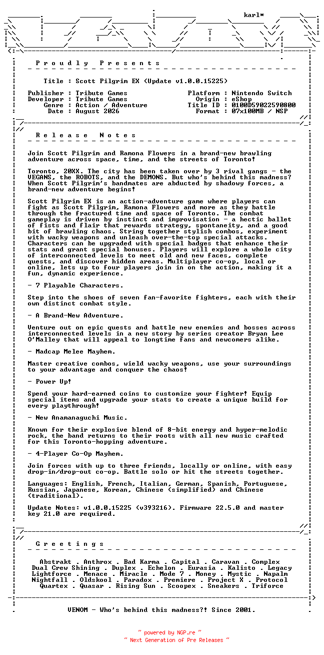 NFO for the release Scott_Pilgrim_EX_Update_v1.0.0.15225_NSW-VENOM by VENOM