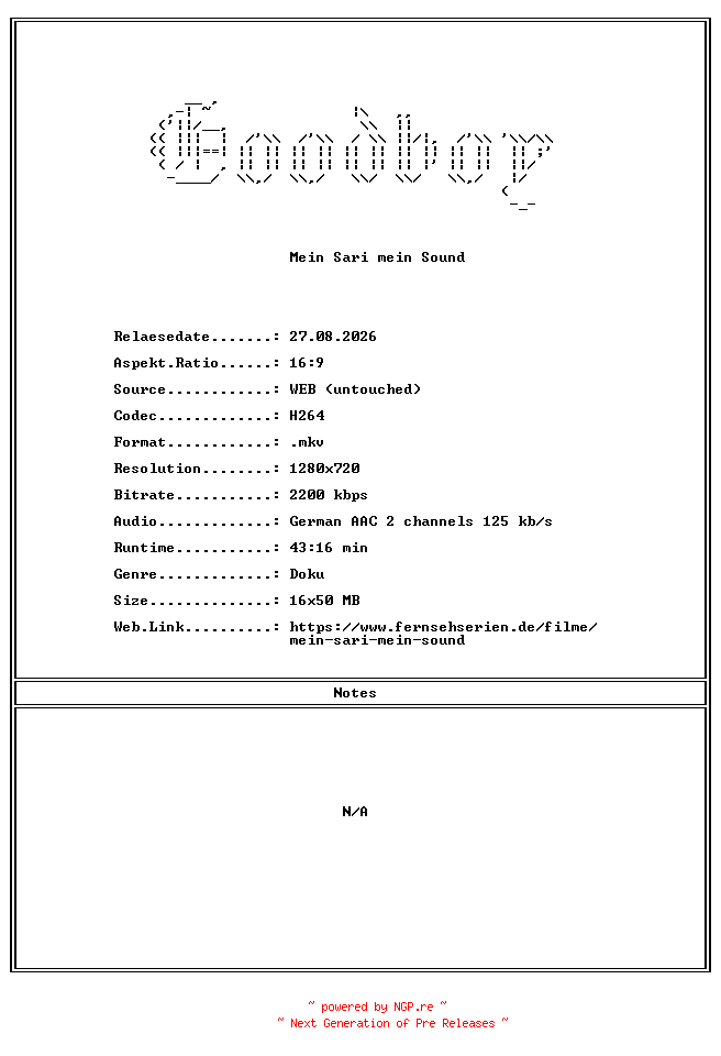 NFO for the release Mein.Sari.mein.Sound.GERMAN.DOKU.720P.WebHD.H264-Goodboy by Goodboy