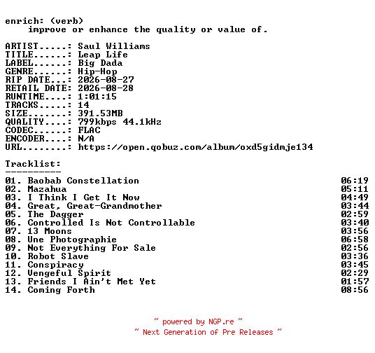 NFO for the release Saul_Williams-Leap_Life-16BIT-WEB-FLAC-2026-ENRiCH by ENRiCH