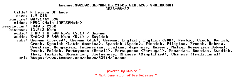 NFO for the release Leanne.S02E02.GERMAN.DL.2160p.WEB.h265-SAUERKRAUT by SAUERKRAUT
