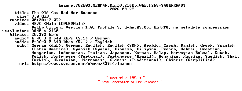 NFO for the release Leanne.S02E03.GERMAN.DL.DV.2160p.WEB.h265-SAUERKRAUT by SAUERKRAUT