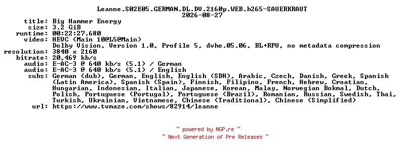 NFO for the release Leanne.S02E05.GERMAN.DL.DV.2160p.WEB.h265-SAUERKRAUT by SAUERKRAUT
