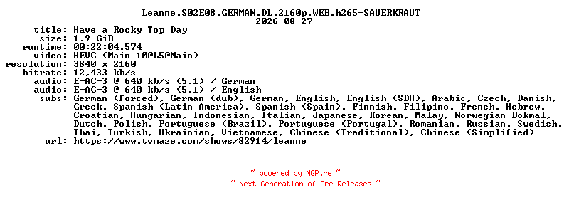 NFO for the release Leanne.S02E08.GERMAN.DL.2160p.WEB.h265-SAUERKRAUT by SAUERKRAUT
