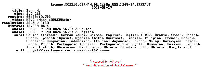 NFO for the release Leanne.S02E10.GERMAN.DL.2160p.WEB.h265-SAUERKRAUT by SAUERKRAUT