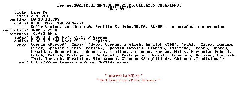 NFO for the release Leanne.S02E10.GERMAN.DL.DV.2160p.WEB.h265-SAUERKRAUT by SAUERKRAUT