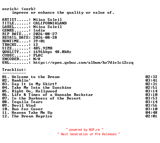 NFO for the release Niina_Soleil-CALIFORNIALAND-24BIT-WEB-FLAC-2026-ENRiCH by ENRiCH