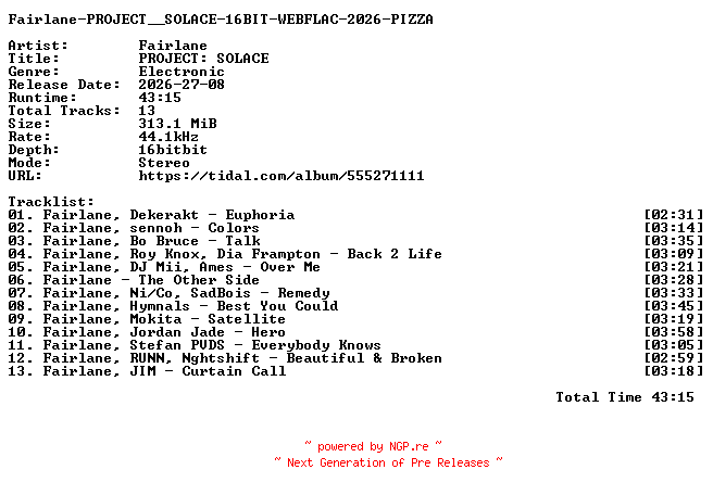NFO for the release Fairlane-PROJECT__SOLACE-16BIT-WEBFLAC-2026-PIZZA by PIZZA