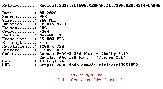 NFO for the release Revival.2025.S01E05.GERMAN.DL.720P.WEB.H264-WAYNE by WAYNE