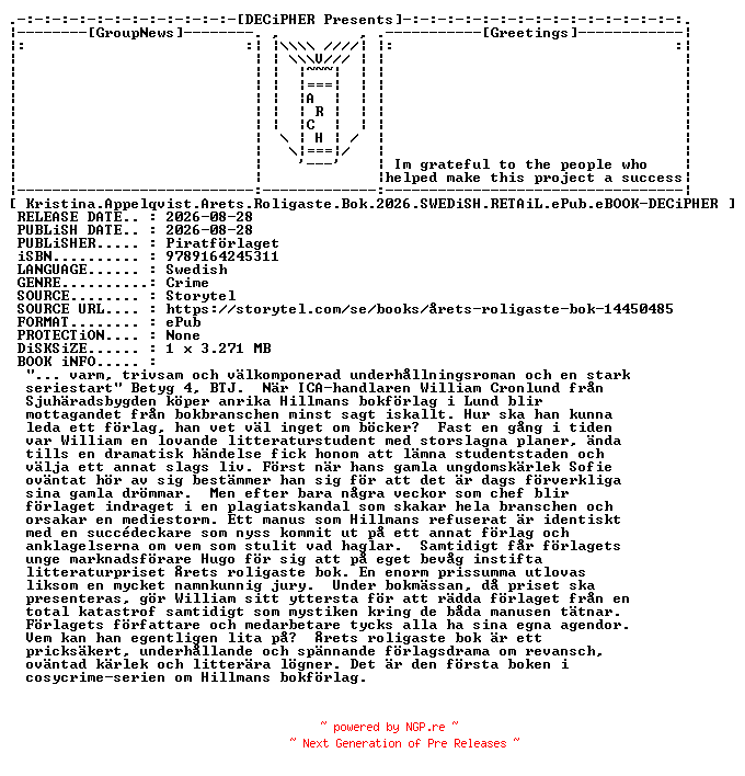 NFO for the release Kristina.Appelqvist.Arets.Roligaste.Bok.2026.SWEDiSH.RETAiL.ePub.eBOOK-DECiPHER by DECiPHER