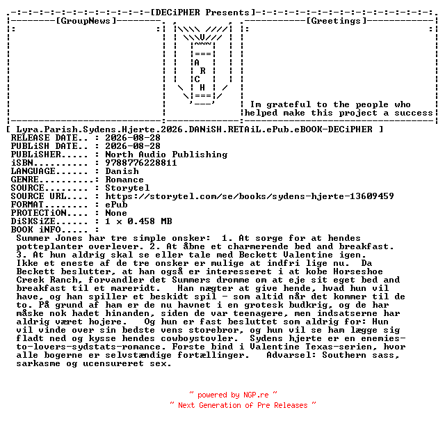 NFO for the release Lyra.Parish.Sydens.Hjerte.2026.DANiSH.RETAiL.ePub.eBOOK-DECiPHER by DECiPHER