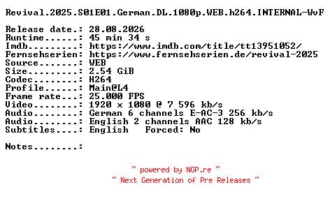 NFO for the release Revival.2025.S01E01.German.DL.1080p.WEB.h264.INTERNAL-WvF by WvF