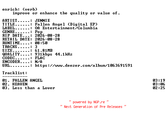 NFO for the release JENNIE-Fallen_Angel_(Digital_EP)-16BIT-WEB-FLAC-2026-ENRiCH by ENRiCH