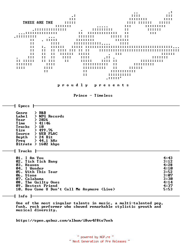 NFO for the release Prince-Timeless-24BIT-WEB-FLAC-2026-TiMES by TiMES
