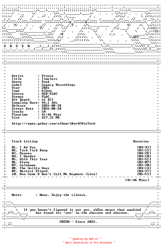 NFO for the release Prince-Timeless-16BIT-WEB-FLAC-2026-OBZEN by OBZEN