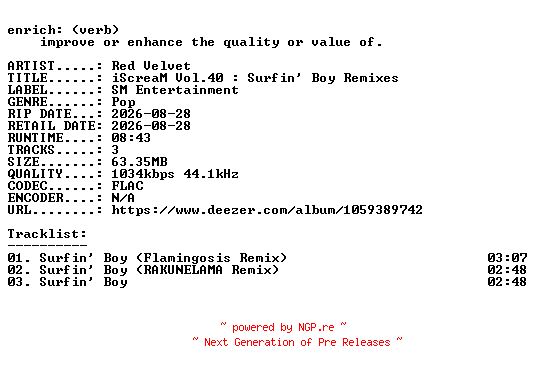 NFO for the release Red_Velvet-iScreaM_Vol.40__Surfin_Boy_Remixes-KR-SINGLE-16BIT-WEB-FLAC-2026-ENRiCH by ENRiCH