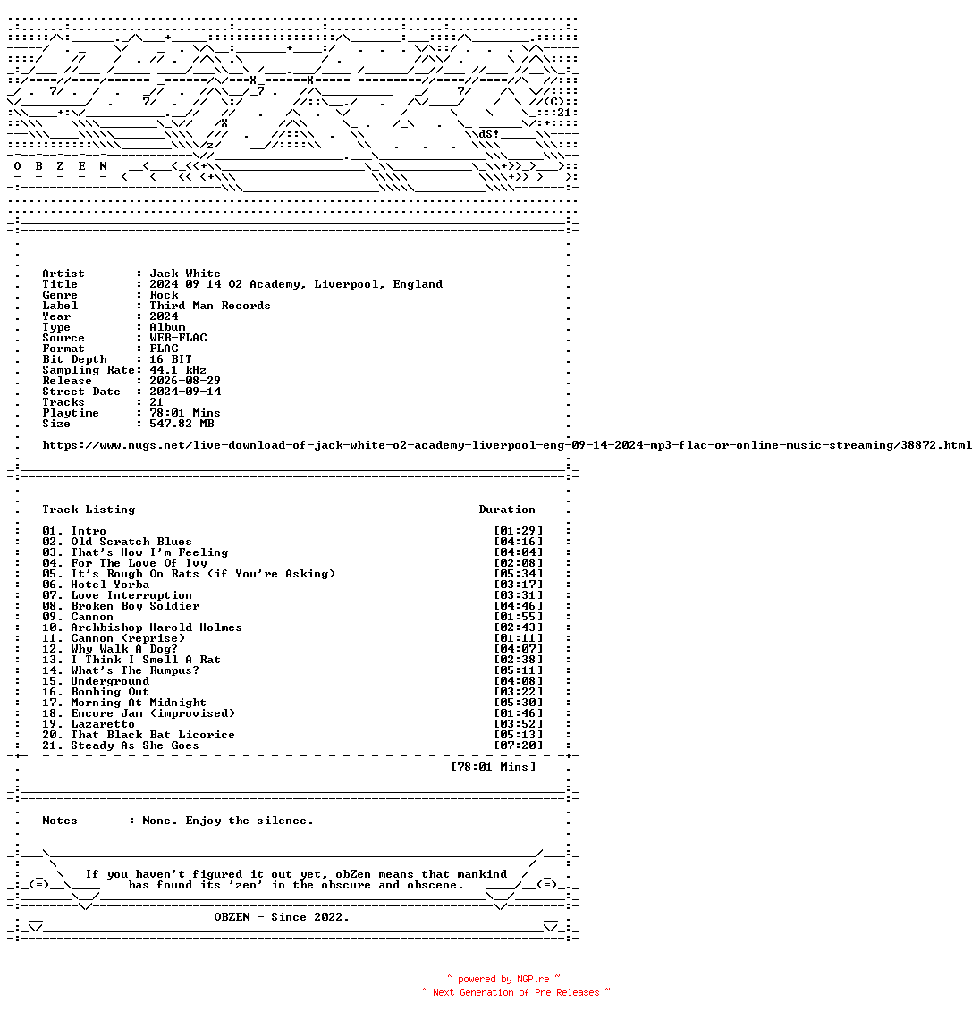 NFO for the release Jack_White-2024_09_14_O2_Academy_Liverpool_England-16BIT-WEB-FLAC-2024-OBZEN by OBZEN