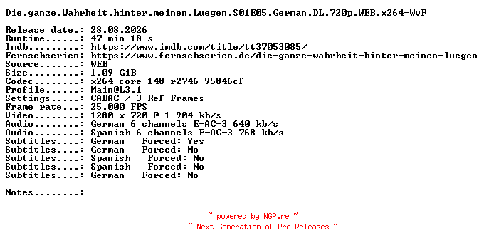 NFO for the release Die.ganze.Wahrheit.hinter.meinen.Luegen.S01E05.German.DL.720p.WEB.x264-WvF by WvF