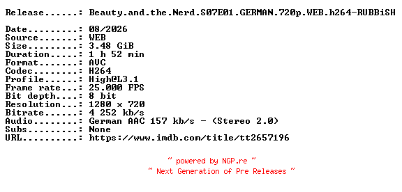 NFO for the release Beauty.and.the.Nerd.S07E01.GERMAN.720p.WEB.h264-RUBBiSH by RUBBiSH