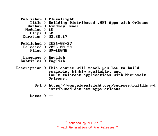 NFO for the release Pluralsight.Building.Distributed.NET.Apps.with.Orleans.2026.BOOKWARE-GETH by GETH