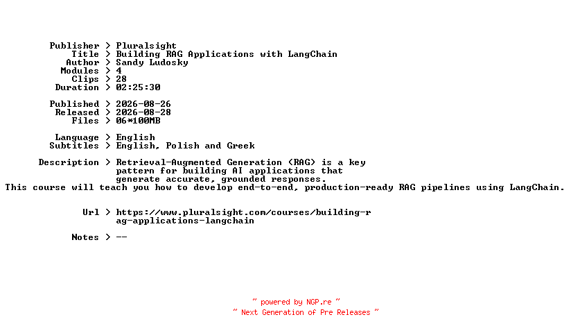 NFO for the release Pluralsight.Building.RAG.Applications.with.LangChain.2026.BOOKWARE-GETH by GETH