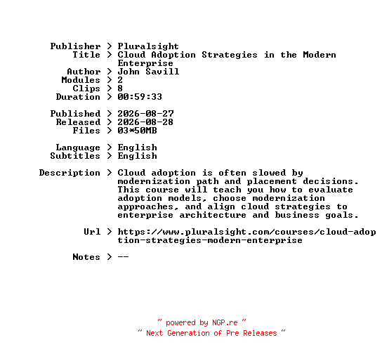 NFO for the release Pluralsight.Cloud.Adoption.Strategies.in.the.Modern.Enterprise.2026.BOOKWARE-GETH by GETH