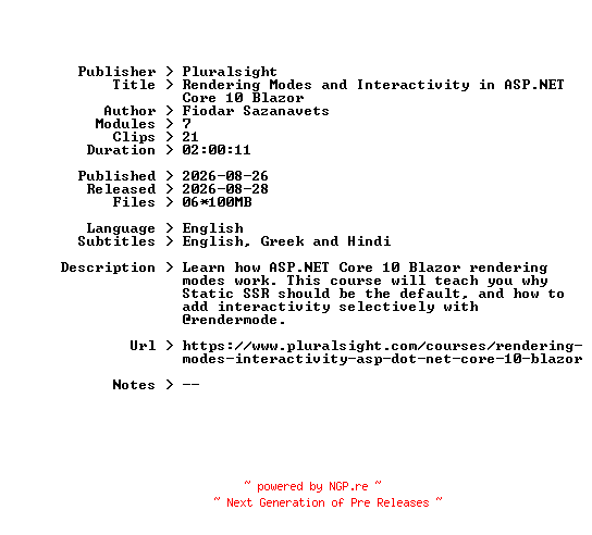 NFO for the release Pluralsight.Rendering.Modes.and.Interactivity.in.ASP.NET.Core.10.Blazor.2026.BOOKWARE-GETH by GETH
