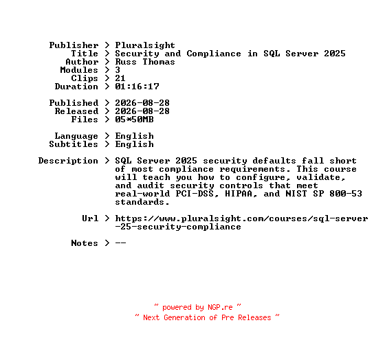 NFO for the release Pluralsight.Security.and.Compliance.in.SQL.Server.2025.2026.BOOKWARE-GETH by GETH