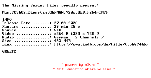 NFO for the release Mum.S03E02.Dienstag.GERMAN.720p.WEB.h264-TMSF by TMSF