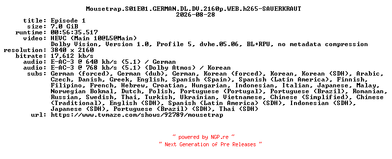 NFO for the release Mousetrap.S01E01.GERMAN.DL.DV.2160p.WEB.h265-SAUERKRAUT by SAUERKRAUT
