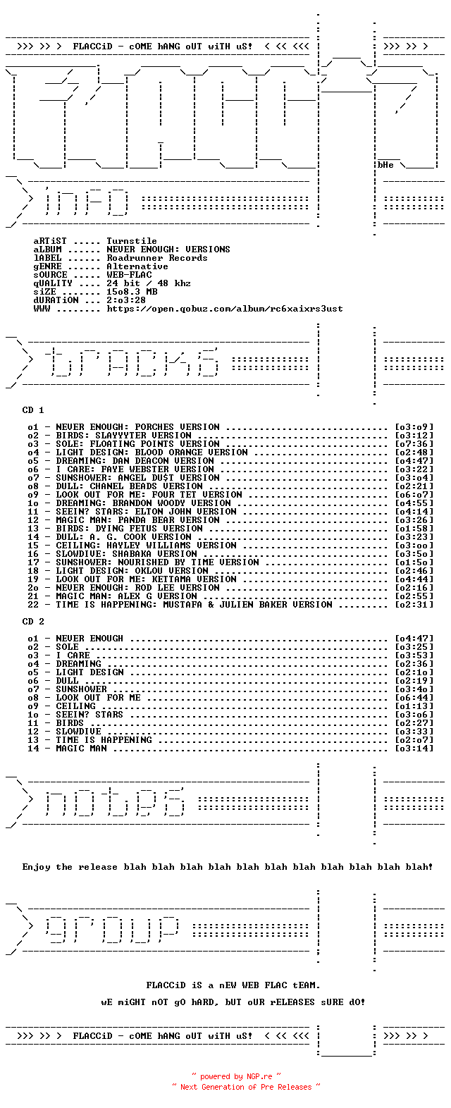 NFO for the release Turnstile-NEVER_ENOUGH_VERSIONS-24BIT-48KHZ-WEB-FLAC-2026-FLACCiD by FLACCiD