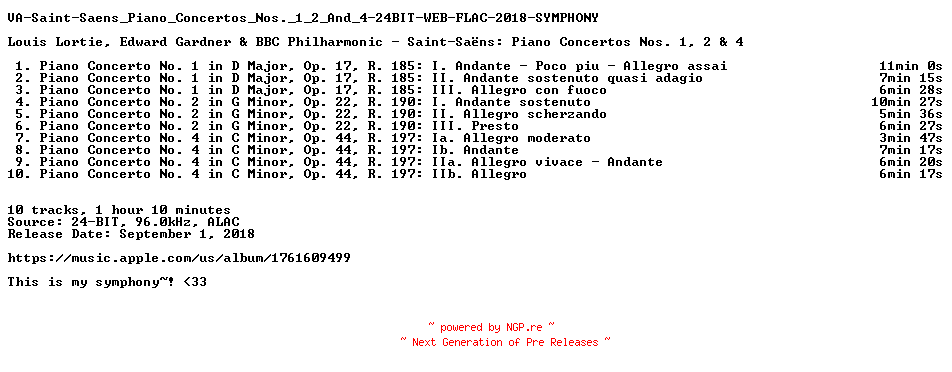 NFO for the release VA-Saint-Saens_Piano_Concertos_Nos._1_2_And_4-24BIT-WEB-FLAC-2018-SYMPHONY by SYMPHONY