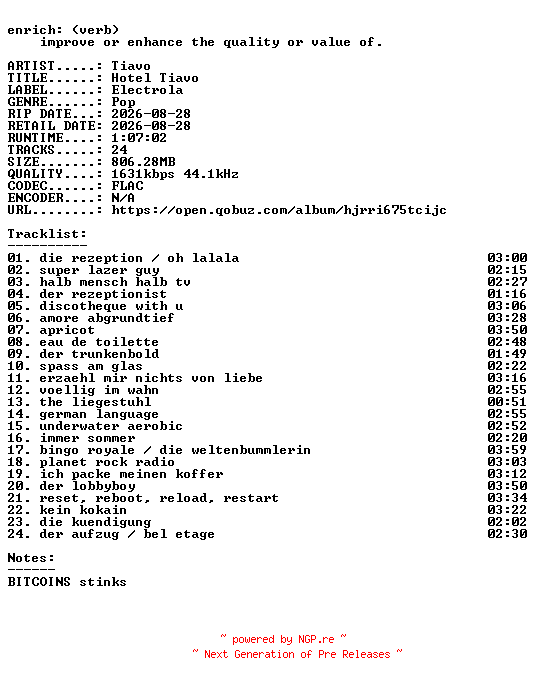 NFO for the release Tiavo-Hotel_Tiavo-DE-24BIT-WEB-FLAC-2026-ENRiCH by ENRiCH