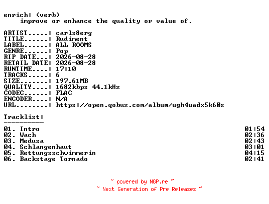 NFO for the release carls8erg-Rudiment-DE-EP-24BIT-WEB-FLAC-2026-ENRiCH by ENRiCH