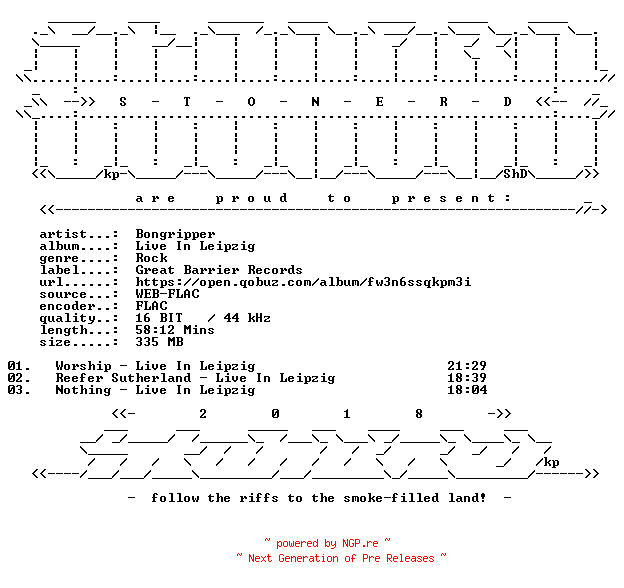 NFO for the release Bongripper-Live_In_Leipzig-16BIT-WEB-FLAC-2026-STONERD by STONERD